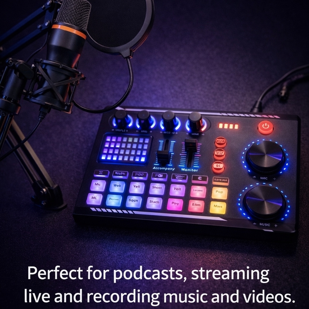 Black Audio Mixer with LED Lights With Microphone 🎤